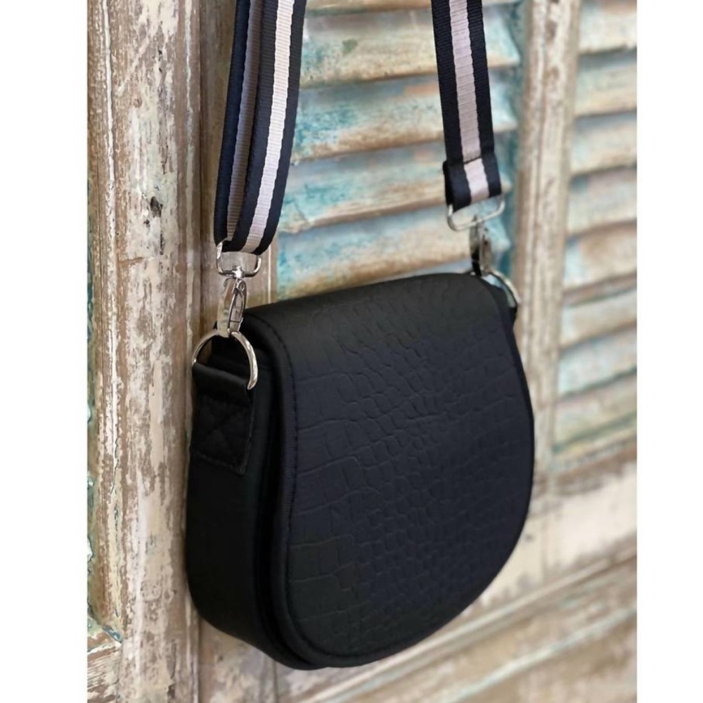 Prenelove Black Embossed Saddle Shoulder Crossbody Bag